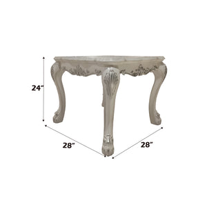 Traditional Style End Table Bone White Dresden Collection An ornate round console table with cabriole legs and floral carvings, shown with dimension lines indicating a height of 24 inches and depths of 28 inches.