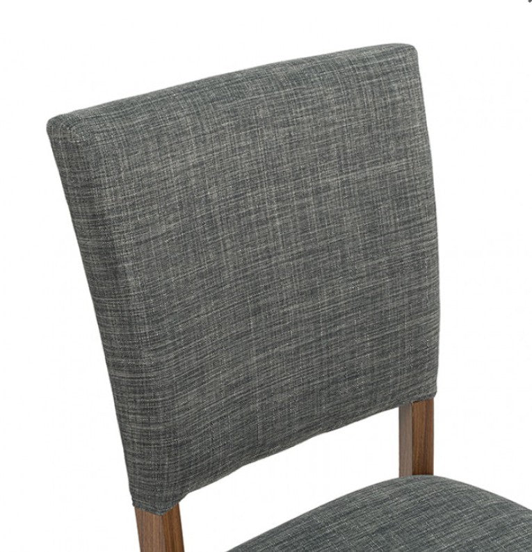 Unberto Two Tone Walnut Dining Chairs A Set of 4 A modern dining chair with a textured gray fabric upholstered seat and backrest, supported by a medium brown wooden frame, shown against a plain white background.