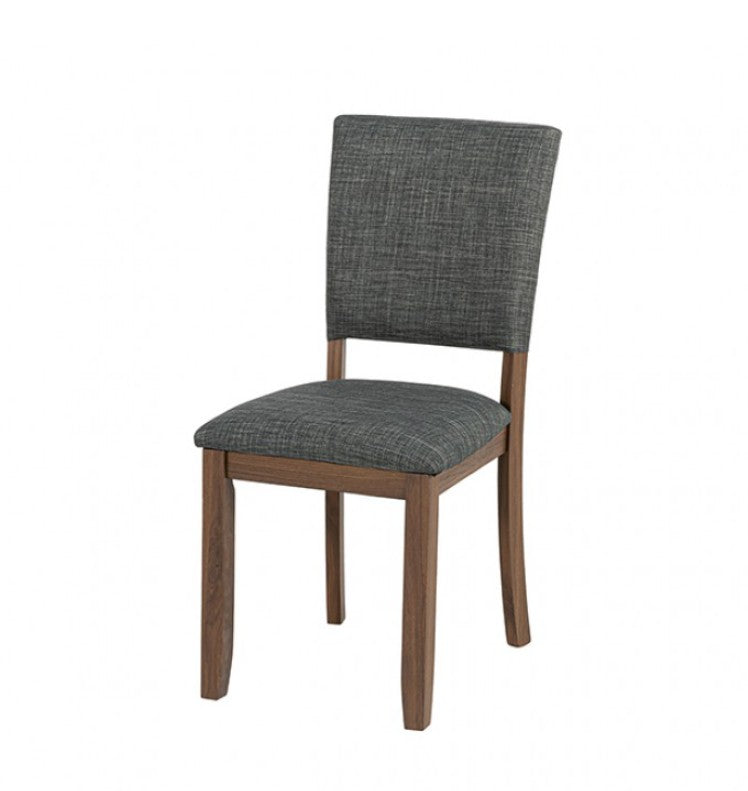 Unberto Two Tone Walnut Dining Chairs A Set of 4 A modern dining chair with a textured gray fabric upholstered seat and backrest, supported by a medium brown wooden frame, shown against a plain white background.