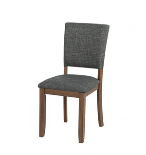Unberto Two Tone Walnut Dining Chairs A Set of 4 A modern dining chair with a textured gray fabric upholstered seat and backrest, supported by a medium brown wooden frame, shown against a plain white background.
