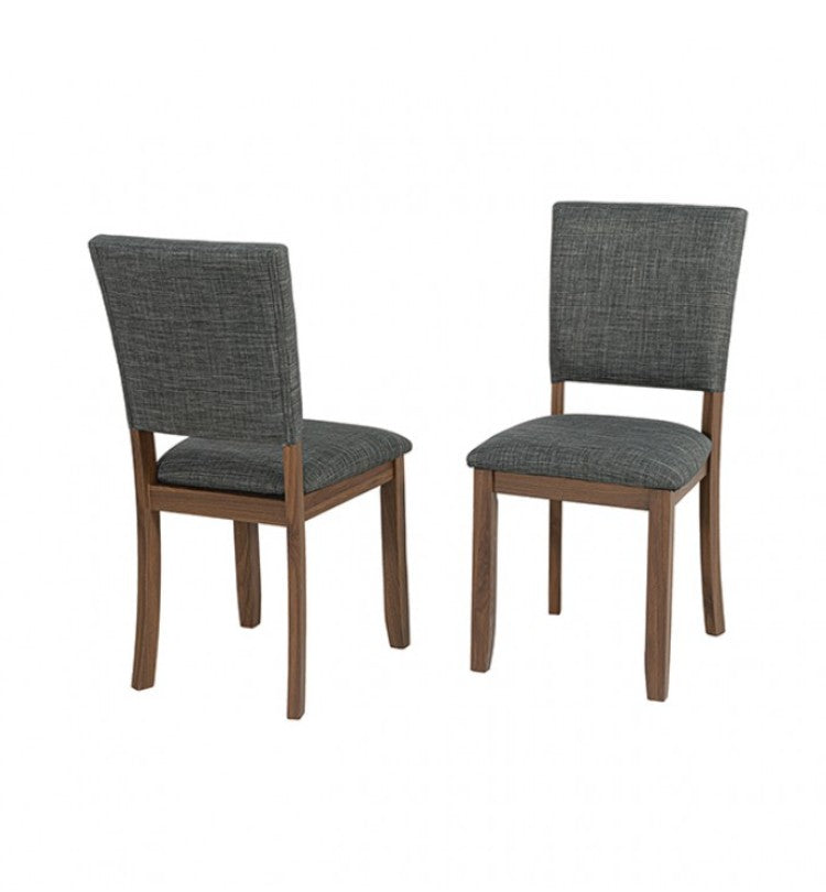Unberto Two Tone Walnut Dining Chairs A Set of 4 A modern dining chair with a textured gray fabric upholstered seat and backrest, supported by a medium brown wooden frame, shown against a plain white background.