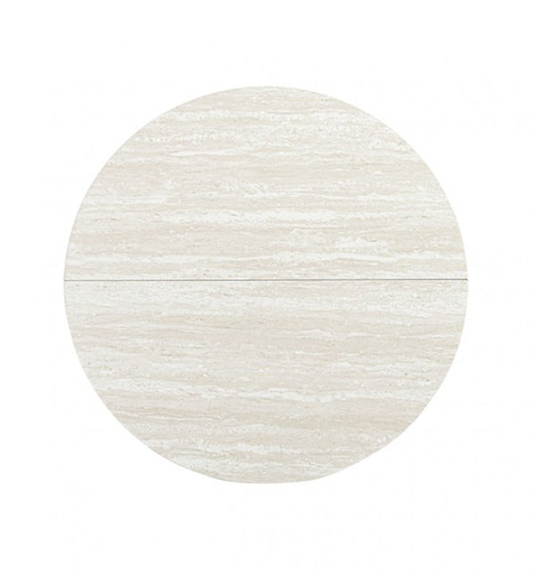 Unberto Two Tone Round Dining Table & Chairs Set A round table top with a light beige and off-white marble or stone-look texture, shown horizontally split by a seam on a plain white background.