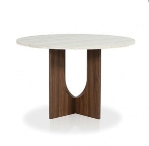 Unberto Two Tone Round Dining Table & Chairs Set A round dining table with a light gray marble top and a dark walnut wood base featuring a U-shaped cutout and triangular support legs, shown on a white background.
