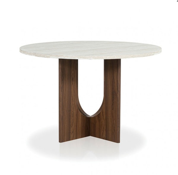 Unberto Two Tone Round Dining Table & Chairs Set A round dining table with a light gray marble top and a dark walnut wood base featuring a U-shaped cutout and triangular support legs, shown on a white background.