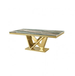 Valdi Gold Gray Sintered Stone Top Dining Table A modern console table featuring a rectangular green marble top with gold trim and a polished gold geometric metal base, shown against a plain white background.