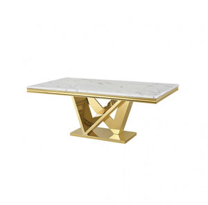 Valdi Gold White Sintered Stone Top Dining Table A modern rectangular console table featuring a white marble top with subtle gray veining and a polished gold geometric metal base.