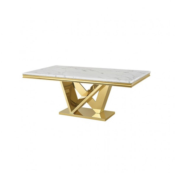 Valdi Gold White Sintered Stone Top Dining Table A modern rectangular console table featuring a white marble top with subtle gray veining and a polished gold geometric metal base.
