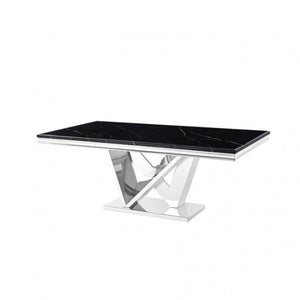 Valdi Silver Black Sintered Stone Top Dining Table A modern rectangular dining table with a glossy black marble-look top and a polished chrome geometric pedestal base, shown on a plain white background.