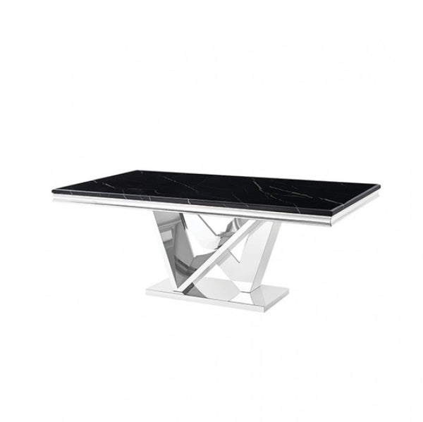 Valdi Silver Black Sintered Stone Top Dining Table A modern rectangular dining table with a glossy black marble-look top and a polished chrome geometric pedestal base, shown on a plain white background.
