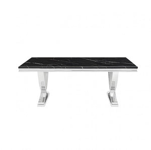 Valdi Silver Black Sintered Stone Top V-Style Pedestal Dining Table A modern rectangular console table featuring a glossy black marble top with white veining and a polished chrome-finished geometric metal base.