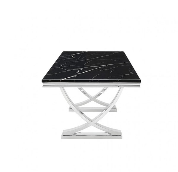 Valdi Silver Black Sintered Stone Top V-Style Pedestal Dining Table Stainless steel pot with lid on a white background