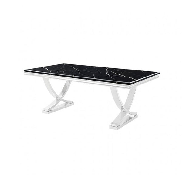 Valdi Silver Black Sintered Stone Top V-Style Pedestal Dining Table A modern rectangular dining table featuring a glossy black marble-look top with white veining and a polished silver chrome base with curved X-shaped legs, shown on a solid white background.