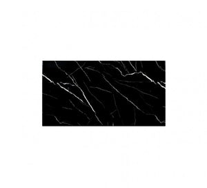 Valdi Silver Black Sintered Stone Top V-Style Pedestal Dining Table A rectangular black marble tile with elegant white veining, centered on a solid white background.