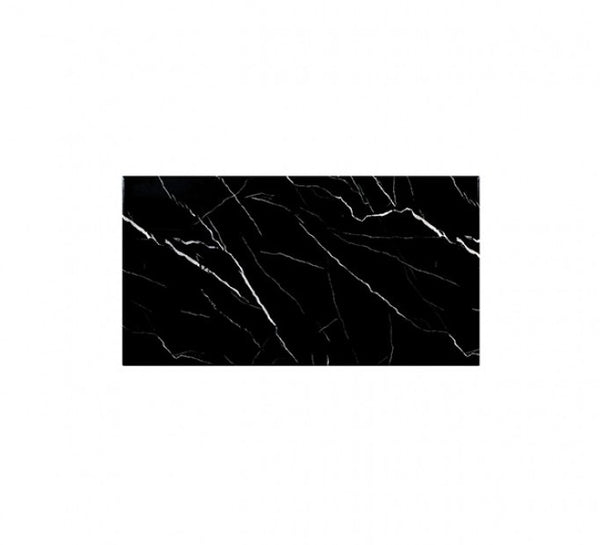 Valdi Silver Black Sintered Stone Top V-Style Pedestal Dining Table A rectangular black marble tile with elegant white veining, centered on a solid white background.