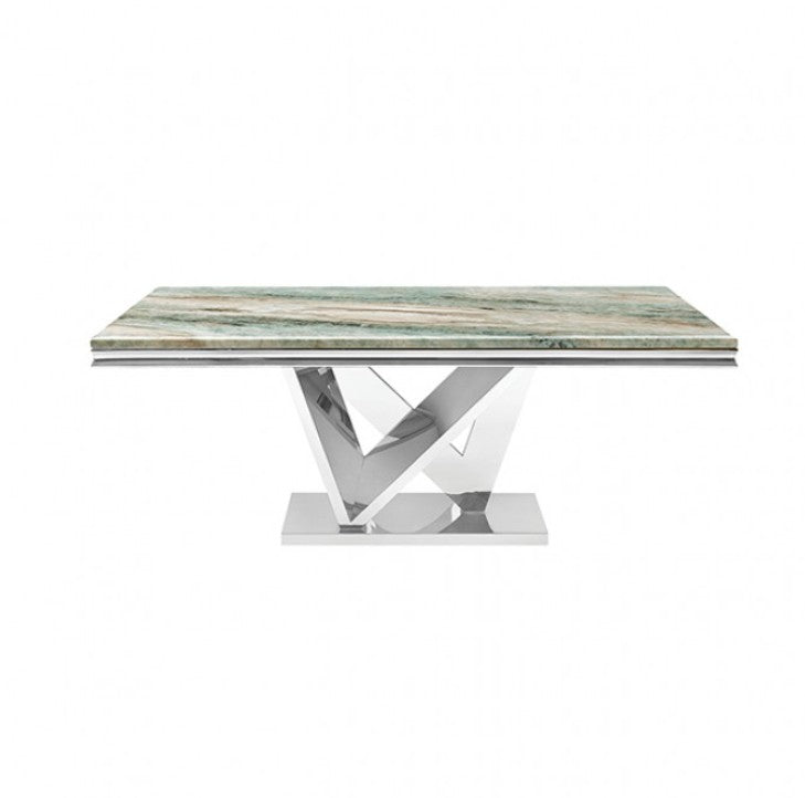 Valdi Silver Gray Sintered Stone Top Dining Table A modern rectangular dining table featuring a polished green and beige marble top with a reflective chrome geometric pedestal base, shown against a plain white background.