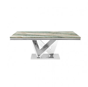 Valdi Silver Gray Sintered Stone Top Dining Table A modern rectangular dining table featuring a green and beige marbled stone top with a polished chrome V-shaped metal base, shown against a plain white background.