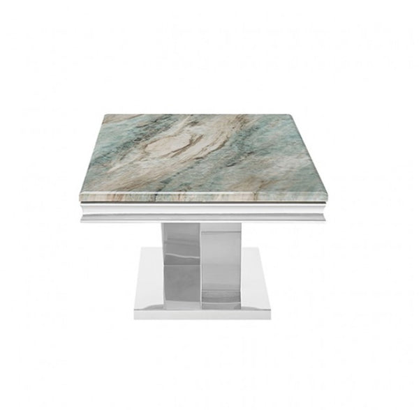 Valdi Silver Gray Sintered Stone Top Dining Table A modern square accent table featuring a polished greenish-gray marble top with natural veining and a sleek chrome pedestal base, shown against a plain white background.