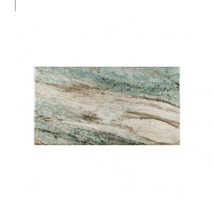 Valdi Silver Gray Sintered Stone Top Dining Table A rectangular marble-look tile with a natural stone pattern featuring wavy bands of teal green, beige, and cream, shown against a plain white background.