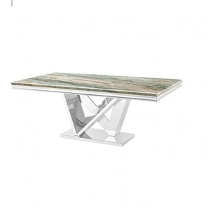 Valdi Silver Gray Sintered Stone Top Dining Table A modern rectangular dining table featuring a polished green and beige marble top with a reflective chrome geometric pedestal base, shown against a plain white background.