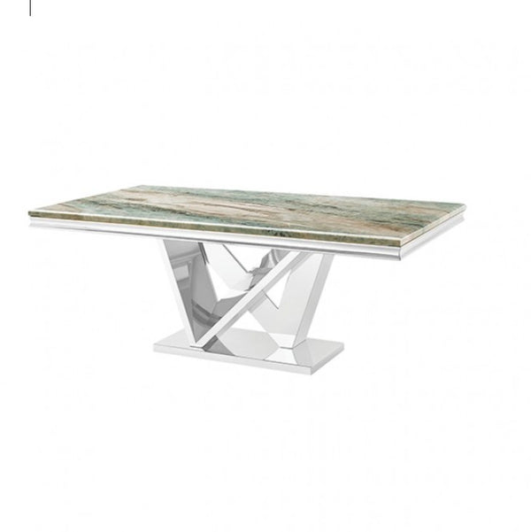 Valdi Silver Gray Sintered Stone Top Dining Table A modern rectangular dining table featuring a polished green and beige marble top with a reflective chrome geometric pedestal base, shown against a plain white background.