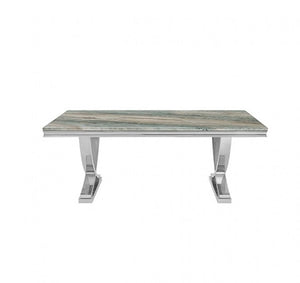 Valdi Silver Gray Sintered Stone Top V-Style Pedestal Dining Table A modern rectangular console table featuring a green and beige marble-patterned top with polished silver metal legs, shown against a plain white background.