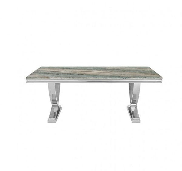 Valdi Silver Gray Sintered Stone Top V-Style Pedestal Dining Table A modern rectangular console table featuring a green and beige marble-patterned top with polished silver metal legs, shown against a plain white background.