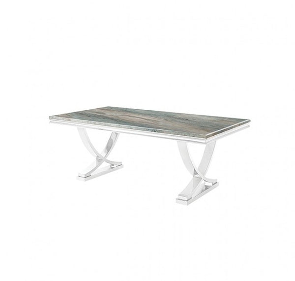 Valdi Silver Gray Sintered Stone Top V-Style Pedestal Dining Table A rectangular dining table with a green and gray marble-patterned top and a polished silver metal base with curved legs, shown on a plain white background.
