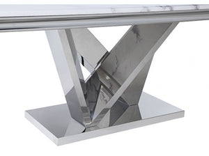 Valdi Silver White Sintered Stone Top Dining Table A modern dining table featuring a polished chrome Z-shaped metal base and a white marble tabletop with subtle gray veining, shown against a plain white background.