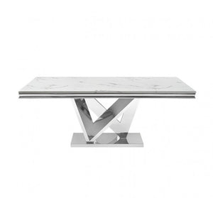 Valdi Silver White Sintered Stone Top Dining Table A modern rectangular dining table with a white marble-patterned top and a polished chrome geometric pedestal base, shown against a plain white background.