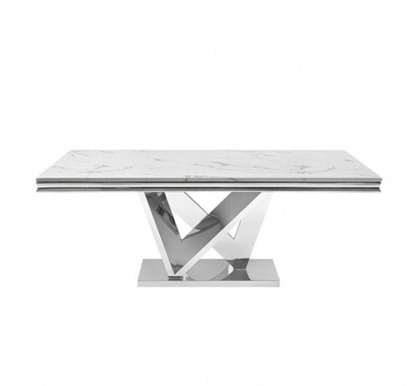 Valdi Silver White Sintered Stone Top Dining Table A modern rectangular dining table with a white marble-patterned top and a polished chrome geometric pedestal base, shown against a plain white background.