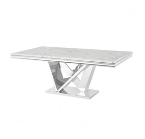 Valdi Silver White Sintered Stone Top Dining Table A modern rectangular dining table featuring a white marble-look top with subtle gray veining and a polished chrome geometric pedestal base.