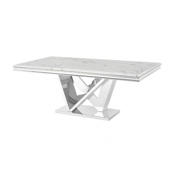 Valdi Silver White Sintered Stone Top Dining Table A modern rectangular dining table featuring a white marble-look top with subtle gray veining and a polished chrome geometric pedestal base.