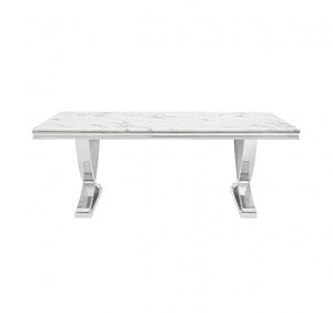 Valdi Silver White Sintered Stone Top V-Style Pedestal Dining Table A modern rectangular console table with a white marble-look top and polished chrome legs, shown against a plain white background.