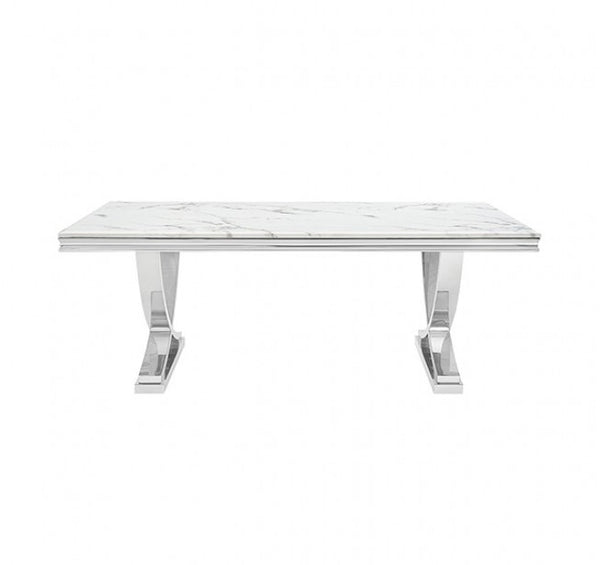 Valdi Silver White Sintered Stone Top V-Style Pedestal Dining Table A modern rectangular console table with a white marble-look top and polished chrome legs, shown against a plain white background.