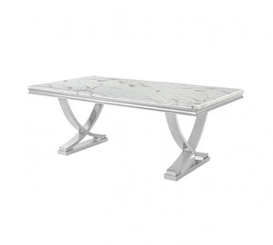 Valdi Silver White Sintered Stone Top V-Style Pedestal Dining Table A rectangular coffee table with a white marble-patterned top and polished silver metal legs, shown on a plain white background.