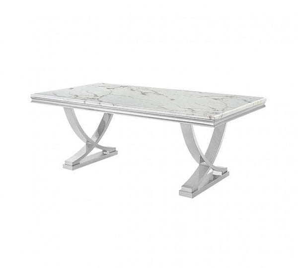 Valdi Silver White Sintered Stone Top V-Style Pedestal Dining Table A rectangular coffee table with a white marble-patterned top and polished silver metal legs, shown on a plain white background.