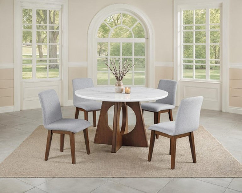 Valia Organic Modern Walnut Genuine Marble Top Dining Table Dining room with a round table and four chairs in a well-lit room.