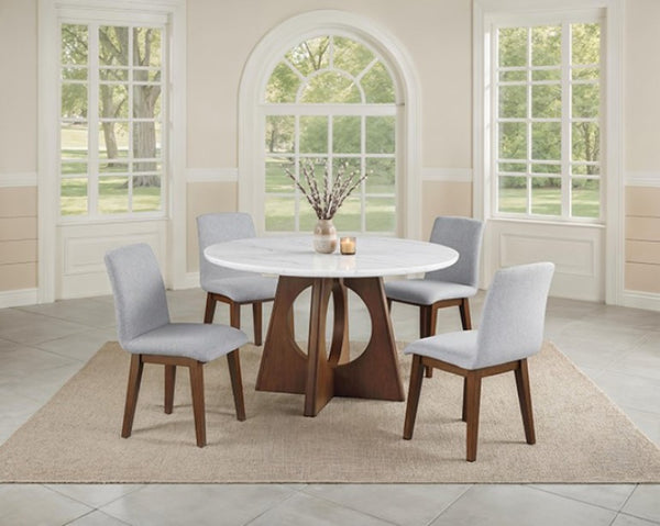 Valia Organic Modern Walnut Genuine Marble Top Dining Table Dining room with a round table and chairs in a well-lit room.