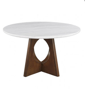Valia Organic Modern Walnut Genuine Marble Top Dining Table Round table with white marble top and wooden base on a white background