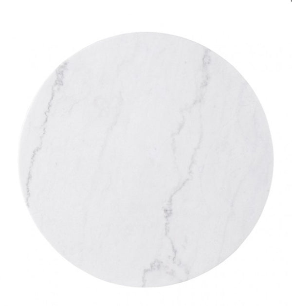 Valia Organic Modern Walnut Genuine Marble Top Dining Table Round marble coaster with white and gray marbled pattern on a white background