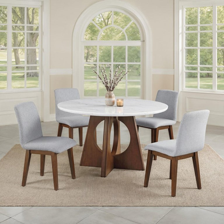 Valia Organic Modern Walnut Genuine Marble Top Dining Table Dining room with a round table and four chairs in a well-lit room.