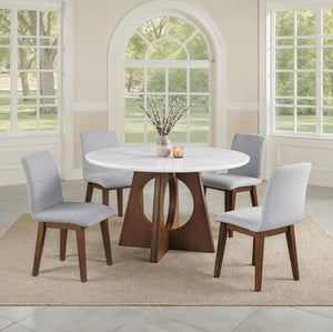 Valia Organic Modern Walnut Genuine Marble Top Dining Table Dining room with a round table and four chairs in a well-lit room.