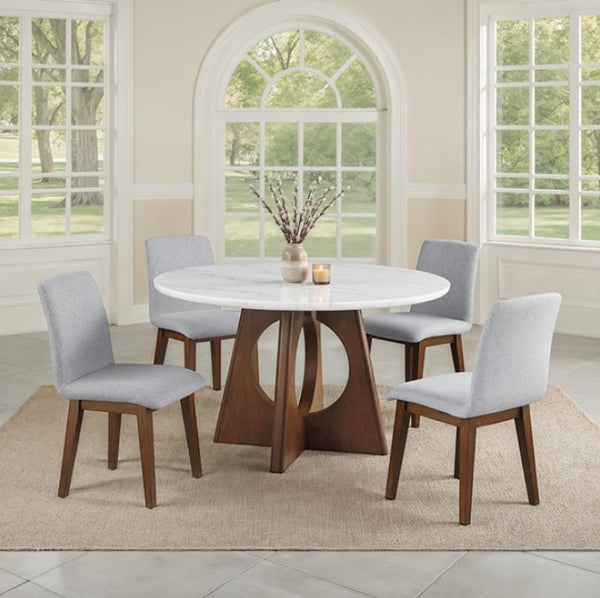 Valia Organic Modern Walnut Genuine Marble Top Dining Table Dining room with a round table and four chairs in a well-lit room.