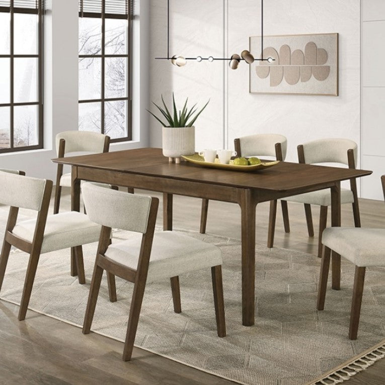 Variza Rectangular Mid Century Modern Dining Table Dining room with wooden table and chairs in a modern interior setting.