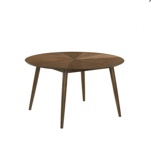 Variza Round Mid Century Modern Dining Table Round wooden table with a starburst pattern on a white background