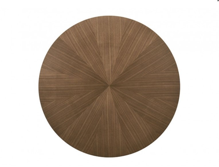 Variza Round Mid Century Modern Dining Table Dining room with a round wooden table and four chairs on a patterned rug.