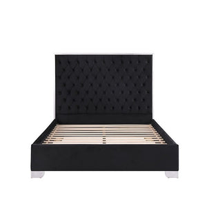 Vasiko Contemporary Glam Chrome Black Fabric Bed Black upholstered bed frame with a tall, button-tufted headboard and light wood slats, shown on a plain white background.
