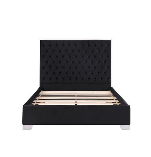 Vasiko Contemporary Glam Chrome Black Fabric Bed Black upholstered bed frame with a tall, button-tufted headboard and light wood slats, shown on a plain white background.
