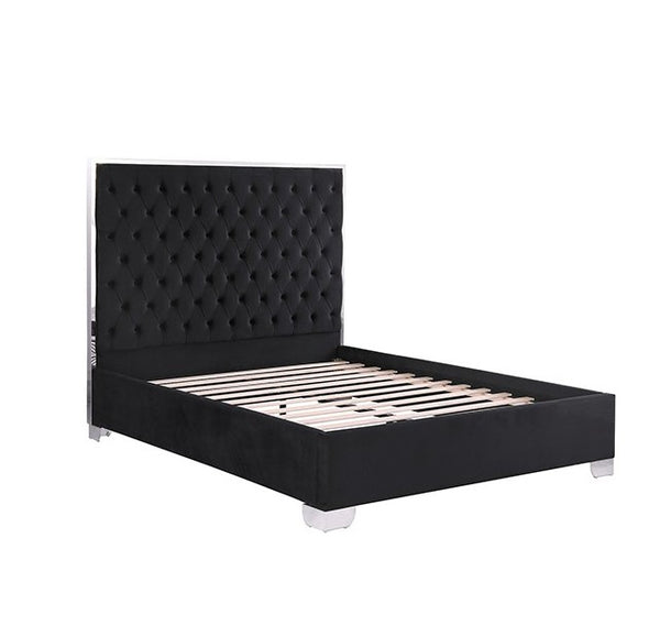 Vasiko Contemporary Glam Chrome Black Fabric Bed Black upholstered platform bed frame with a tall, button-tufted headboard and slatted base, shown on a plain white background.