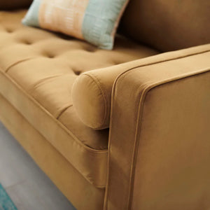 Vaspire Modern Cognac Velvet Performance Loveseat Close-up of a brown tufted sofa with decorative pillows.